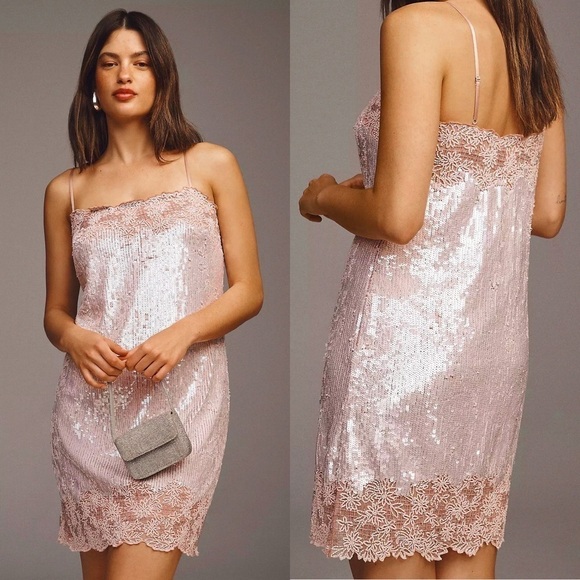 BHLDN Dresses & Skirts - BHLDN Dress Audrey Adele Sequin Mini Shift Beaded Bridal Pink M NWT